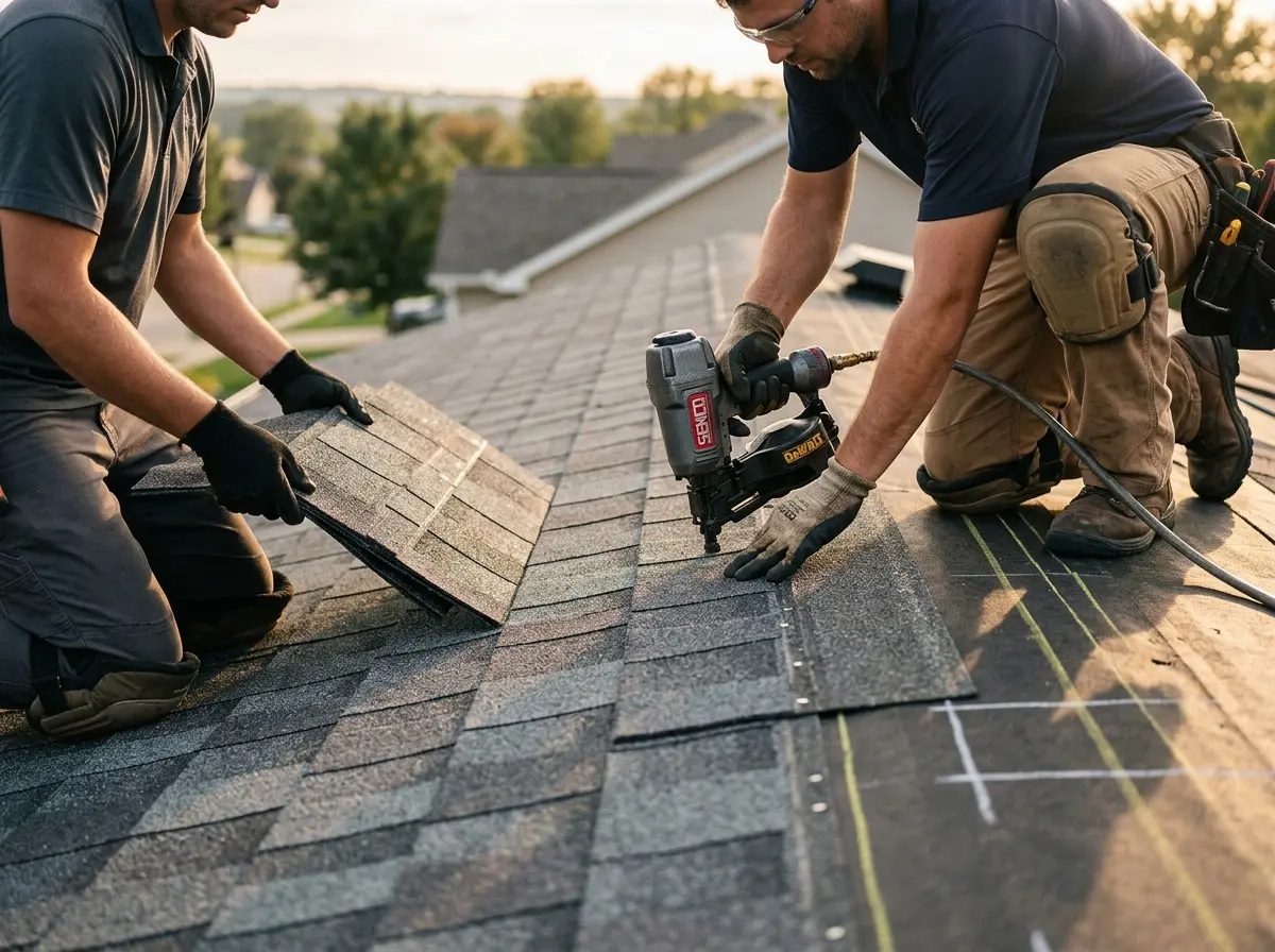 Professional roofer working on a residential roof in Wickliffe